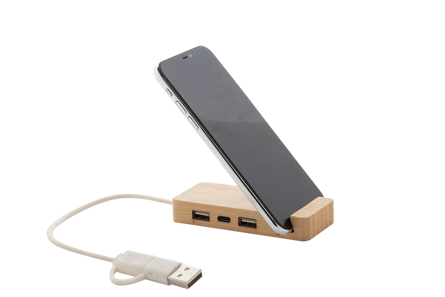 Hub USB cu 3 iesiri si suport telefon mobil din bambus Mobaru PC864016 - imagine 3
