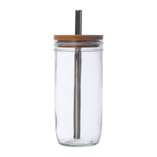 Pahar din sticla cu capac din bambus si pai metalic 650 ml PC683842 - imagine 3