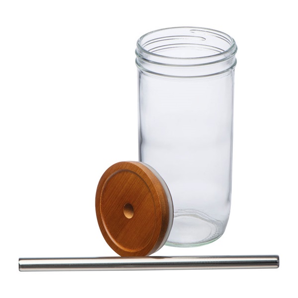 Pahar din sticla cu capac din bambus si pai metalic 650 ml PC683842 - imagine 2