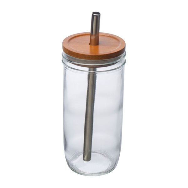 Pahar Din Sticla Cu Capac Din Bambus Si Pai Metalic 650 Ml Pc683842